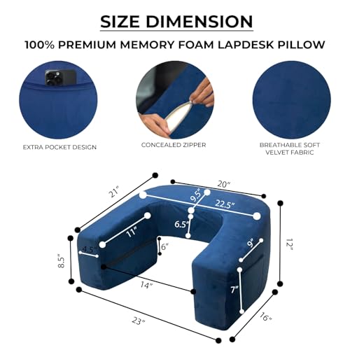 Image of Lap Desk Pillow for Bed -1 Year Warranty (23x21x12) | Soft Foam Laptop Table with Flat Top & Storage Pocket | Portable Lap Table for Bed Study, Office Work & Online Classes - Blue