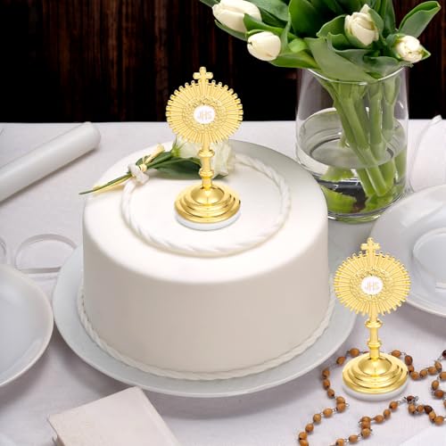 Image of Marsui 8 Pcs Standing Crucifix Mini Gold Cross with Base Metal Blessed Sacrament Catholic Monstrance 3.2 inch Jesus Christ Catholic Gift J-hs Cross Mini Table Decor for First Communion