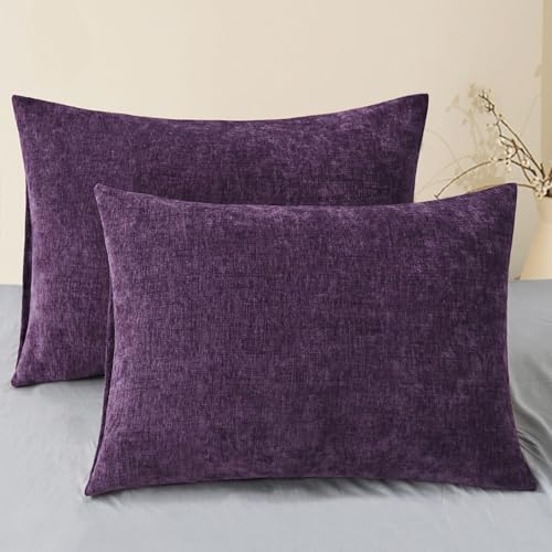 Image of CaliTime Pack of 2 Cozy Standard Pillow Shams Cases for Bed Bedding Decoration Solid Dyed Soft Chenille 20 X 26 Inches Plum Purple