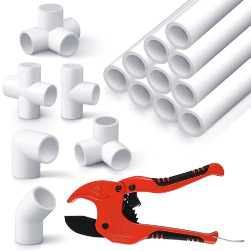 Tellegloww 10 Pcs 1/2 Inch X 3 Ft Pvc Pipe With 42 Pcs Pvc Pipe Fittings Elbow Set And 1 Cutter White Diy Projects Connection Tee For Home, Greenhouse, Farm, Workshop, Garden