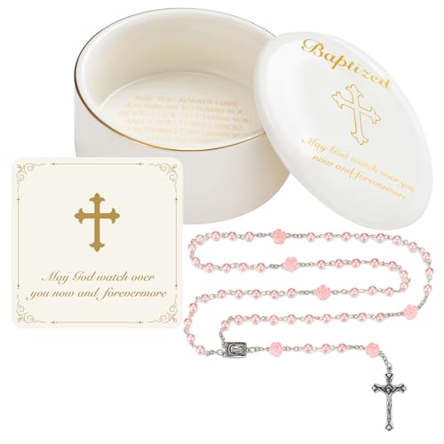 NORBU Baptism Gifts for Girl My First Rosary with Ceramic Keepsake Box Rosary for Kids First Communion & Baby Dedication Gifts for Newborn Baby Boys Catholic Christening Gift Pink