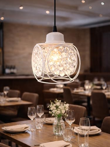 Image of Modern White Metal Crystal Pendant Light | Round Cage Hanging Ceiling Lamp | Decorative Chandelier Light for Living Room, Bedroom, Dining Area | Warm Ambient Lighting (Ring Cube White)