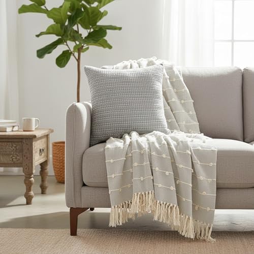 Image of SAJAVAT HOME Soft Cotton 3 Seater Sofa Throw with Cushion Cover | 80x52 Inches (204x132 Cm) | Hand-Knitted Grey Throw & Grey Cushion18x18 for Sofa, Bed, Chair & Travel | Pack of 1