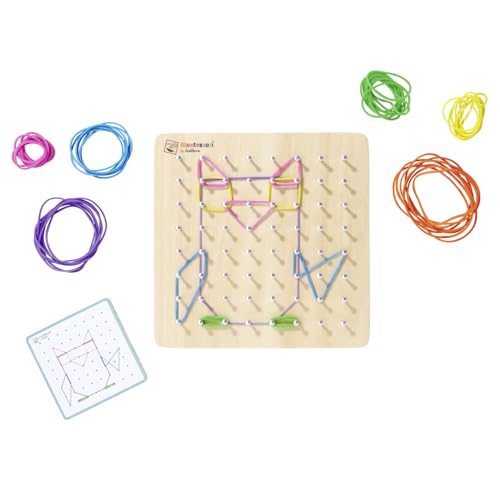 Eichhorn – Montessori – Geometriebrett mit 64 Nägeln und 30 farbigen Gummis, fantasievolles befestigen oder mit 48 Aufgabenkarten Motive nachbilden, 18x18cm, aus 100% FSC zertifiziertem Holz, ab 4 J+
