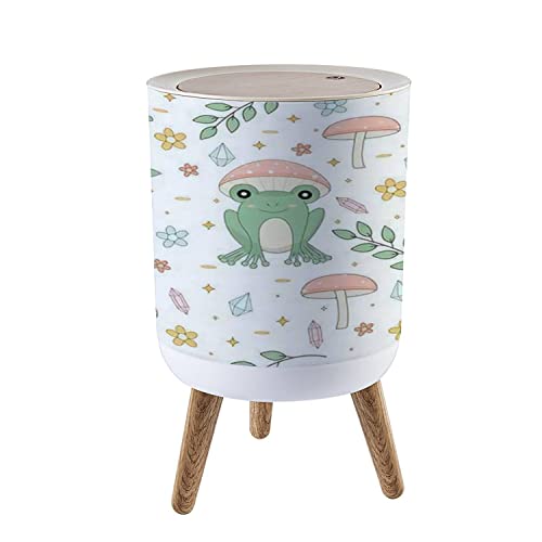 Image of KCDCYCZEAL Small Trash Can with Lid Cottagecore Frog and Mushrooms Seamless Round Recycle Bin Press Top Dog Proof Wastebasket for Kitchen Bathroom Bedroom Office 7L /1.8 Gallon