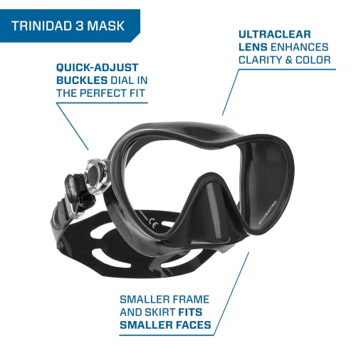 SCUBAPRO Trinidad Adult Scuba Mask and Snorkel Set with Frameless Single Lens, Snorkel Splashguard Top, and Purge Valve, Includes Whistle, Black