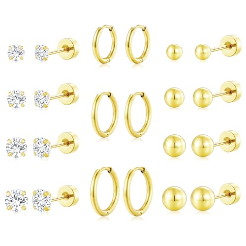 adoyi Gold Hoop Earrings for Women Stainless Steel Earrings for Sensitive Ears 14K Gold Plated Flat Back Studs Cartilage Hoops Earring for Women Lightweight Jewelry Gifts