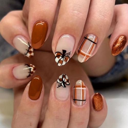 Fall Brown Press on Nails Short Almond Fake Nails Gold Glitter Gl...