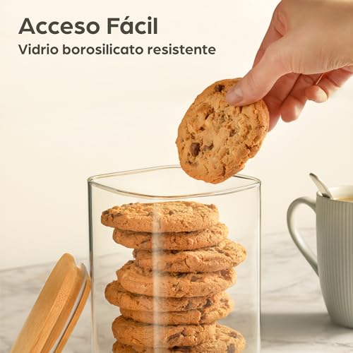 Miniatura 5 de Praknu 3 Tarros De Almacenaje De Cocina De Cristal Con Tapa De Bambu - 1l - Cuadrados - Hermeticos - Aptos Para Lavavajillas
