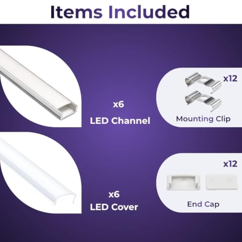 Image of 18x06 Aluminum Channel Profile with Diffuser Cover, Mounting Clips & End Caps | Aluminum LED Strip Light Housing for Cabinet, Ceiling, Shelf & Wall Lighting (Pack of 6)