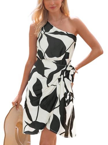Image of CUPSHE Women's One Shoulder Leaf Print Self-tie Short Dress Sleeveless Tiered Hem Formal Dress Casual Mini Dress