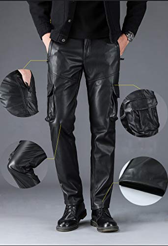 Men`s Multi Pockets Motorcycle Workwear PU Faux Leather Cargo Pants3
