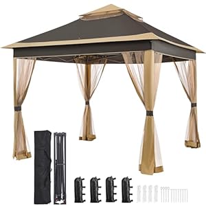 Yaheetech 11×11 Pop Up Gazebo Outdoor Canopy Shelter, Instant Patio Gazebo Sun Shade Canopy Tent with 4 Sandbags, 2 Tiers Roof & Mesh Netting for Lawn, Garden, Backyard & Deck, Brown