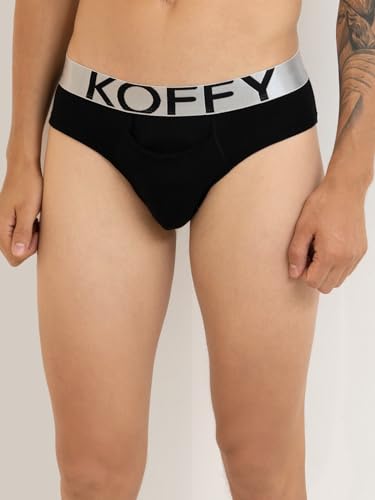 Image of KOFFY Men's Premium Cotton Lycra Brief with Minus Cutting Pouch| Silver Metallic Elastic| 4 Way Stretch| Wrinkle Free| Pack of 1