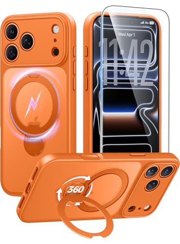 Image of FNTCASE for iPhone 17 Pro Case: [360 Spin Magnetic Stand] [Compatible with Magsafe] [Screen Protector] Translucent Matte Military Grade Shockproof Full Camera Protective Phone Cover - Orange