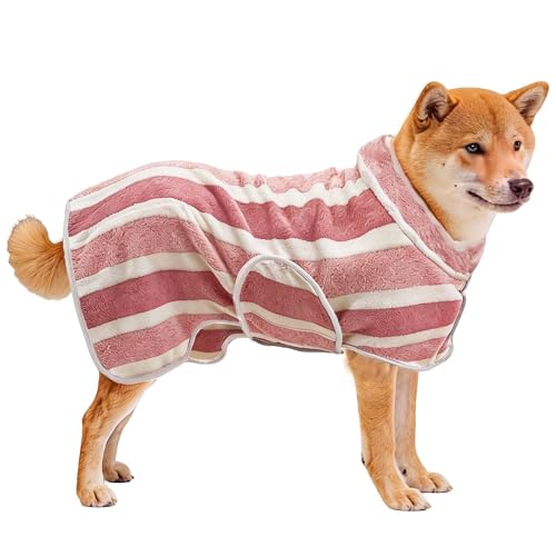 PawSailor Fast Drying Dog Bathrobe Super Absorbent Stripes Dogs Towel Adjustable Warm Keeping Pet Puppy Bath Supplies (Red L)