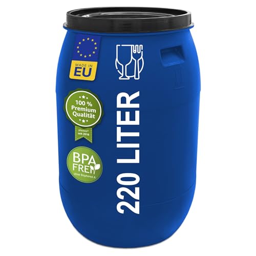 Das Plasteo® 220 Liter Weithalsfass mit Stülpdeckel, HDPE, BPA-Frei, lebensmittelecht, vielseitig verwendbar als Lebensmittelfass, Futtertonne, Regentonne (Blau) Das Plasteo® 220 Liter Weithalsfass mit Stülpdeckel, HDPE, BPA-Frei, lebensmittelecht, vielseitig verwendbar als Lebensmittelfass, Futtertonne, Regentonne (Blau)