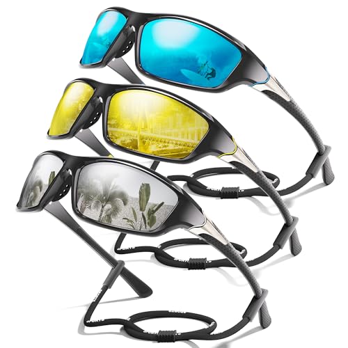 3 Pack Polarized Sports Sunglasses for Men, Mens Sunglasses Wrap Around UV Protection for Cycling Fishing Driving C03-ice Blue/Yellow/White