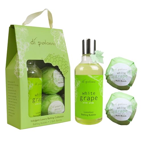 Di Palomo Vegan White Grape & Aloe Indulgent Luxury Bathing Collection. Bathing Bubbles 300ml & 2 Bath Bombs. Bubble Bath Body Wash & Bath Bomb Bath Set. Bubble Bath & Shower Gel Gifts for Women.
