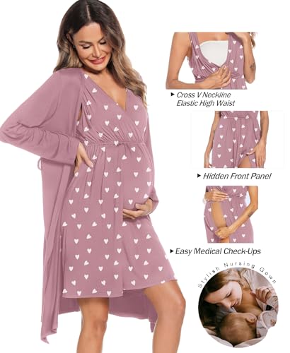 Image of SWOMOG Women Maternity Nursing Gown and Robe Set 3 in 1 Labor Delivery Nursing Nightgown for Breastfeeding Hospital Bathrobe