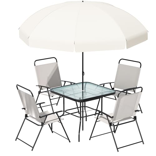 Amopatio Patio Dining Set for 4, Outdoor Table and Chairs with Umbrella, 4 Folding Dining Chairs & Glass Table for Lawn, Deck, Garden, Backyard, Deck, Patio Furniture Set, Grey