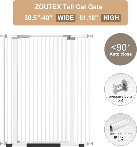 51.18" Extra Tall Cat Gate for Doorway, 30.5"-40" Auto Close Pet Gate Include 2.75" and 5.5" Extension Kits, No Drilling Pressure Mount Kit, Suitable for Doorways or Kitchen, New White