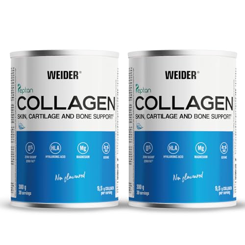 Weider Collagen Pulver Duo Pack, Kollagen Peptide hochdosiert, mit Hyaluronsäure, Magnesium und Vitamin C, zuckerfrei, für gesunde Haut, Knorpel und Knochen, 2x 300g (2x 30 Portionen!)