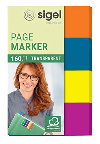 SIGEL HN614 Marcapáginas adhesivos, cinta de filme transparente, funda de 160 tiras de 50 x 20 mm, 4 colores