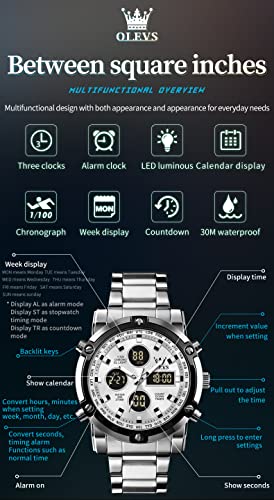 OLEVS Mens Watches Multifunctional Chronograph Led Analog Digital Watch Stainless Steel Day Date Alarm Wrist Watch Gent Luminous Waterproof