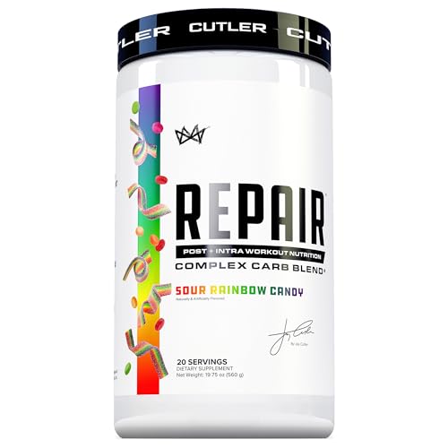 Image of Repair Post Workout Recovery Drink: Fast Absorbing Carbohydrates (Waxy Maize + Cluster Dextrin) and BCAA /EAA for Advanced Muscle Recovery, Sour Rainbow Candy, 20 Servings