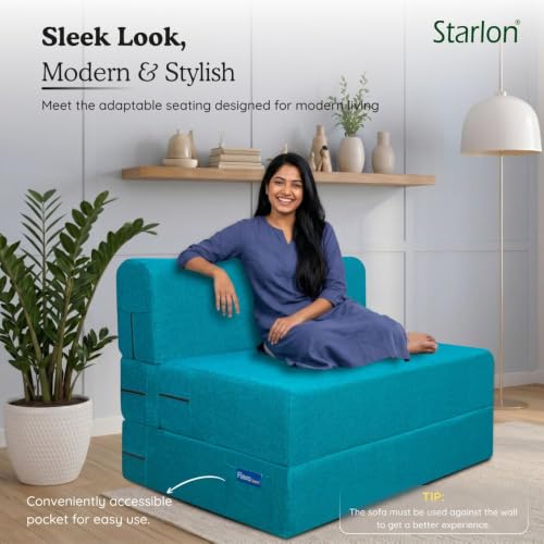 Image of Starlon 1 Seater Sofa Cum Bed Foldable 3-in-1 Sofa Bed with 1 Year Warranty, Washable Jute Fabric Cover |Aqua Teal 2.5x6 Ft