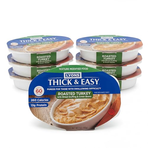 Thick & Easy Pureed Roasted Turkey with Stuffing & Green Beans Texture Modified Meal for Swallowing Support Ready-to-Serve Microwave Meal 7 oz Trays - 7 Pack