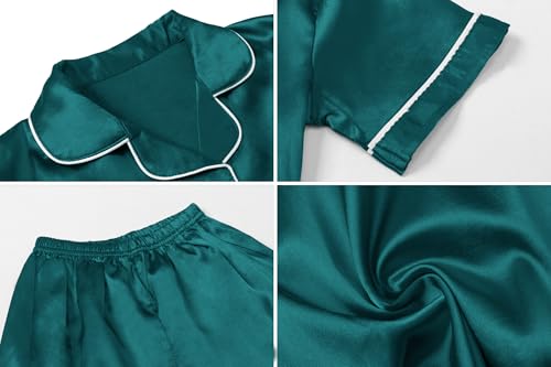 Image of Umeyda Women & Girls Pajamas Set, 2 Piece PJS Satin Silk Sleepwear Button-Down Top with Shorts for Mom Kids Gifts