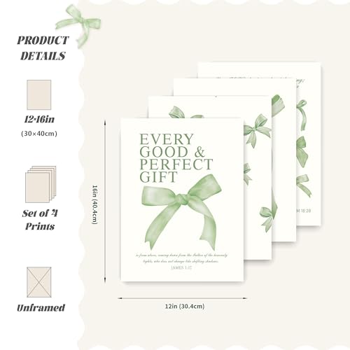Image of LARTSFRO Coquette Sage Green Bow Wall Art Decor Posters, Sage Green Bow Room Bedroom Bathroom Wall Art Decor Aesthetic for Teen Girls Gifts, Inspirational Bible Verses Bow Wall Decor, 12x16 Inch Set of 4 Bow Pictures Unframed