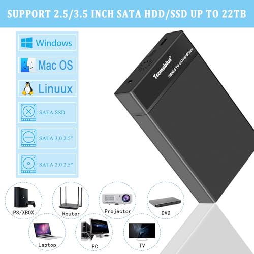 Tccmebius External Hard Drive Enclosure USB 3.0 to SATA Docking Station for 2.5/3.5 Inch SATA I/II/III HDD SSD with USB A/C Cable, Up to 22TB, Support UASP Automatic Sleep Function Tool-free (TCC-S8) - Image 5