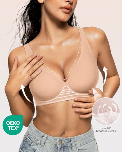 Image of OEAK Womens Deep V Bras Wireless Comfortable Bra Supportive No Underwire Bras Tshirt Push Up Bralettes Plunge Seamless Bra