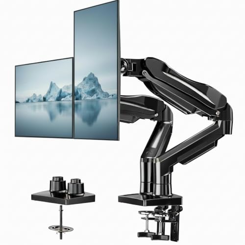Image of HUANUO FlowLift Dual Monitor Stand, Fully Adjustable Gaming Monitor Desk Mount for 13-30″ Computer Screens, Full Motion VESA 75x75 /100x100 with C-Clamp & Grommet Base, Each Arm Holds 4.4 to 19.8 lbs