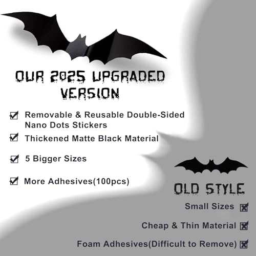 CESOF Halloween Bats Wall Decor 3D Bats Decorations - 70 Pcs 5 Sizes Matte Black PVC Reusable DIY Bat Stickers Vintage Wall Decals for Home Decor Porch Door Indoor Outdoor Party Supplies