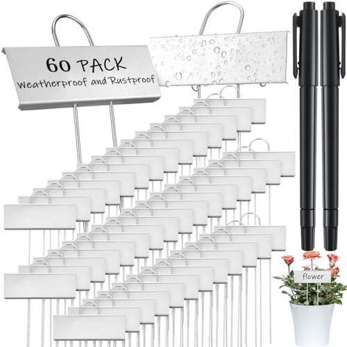 Maitys 62 Pcs Metal Garden Markers Plant Label Stakes Outdoor Weatherproof 10.6 Inch Stainless Steel Nursery Tags Bulk with Pens (Silver Label with Black Ink)