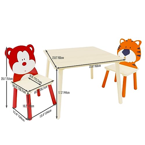 Image of Wood Table & Chairs 3 Pieces Set, Boys Girls Activity Table w / 2 Animal Shaped Chairs, Solid Wood Legs, Safe Rounded Corners, Playroom Furniture for Boys & Girls Activity Dining Drawing Craft.