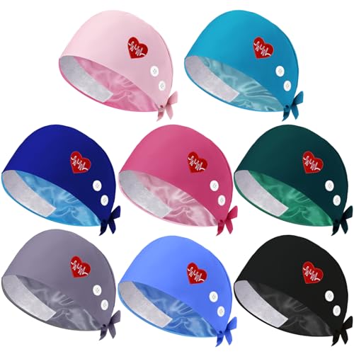 Image of 8 Pcs Satin Lined Scrub Caps, Nurse Hats with Buttons Sweatband, Adjustable Ponytail Surgical Caps for Women