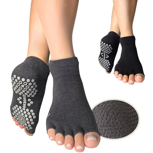 Soxsense Toeless Grip Socks for Pilates & Yoga, Open Toe Non Slip Socks with Cushion for Barre, Dance, Workout 2Pairs (US, Alpha, Large, Regular, Regular, Black/DGrey)