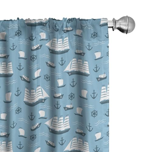 ABAKUHAUS Anker Vorhänge, Gardinen, Schiffe Boote und Helms, Fensterbehandlungen für Wohnzimmer Schlafzimmer Dekor, 2 Stück 75 cm b x 225 cm h, Blau Hellblau und Weiß