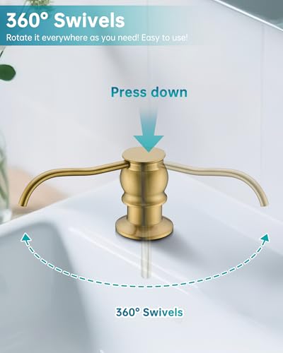 Image of Built in Deck Mount Liquid Lotion Kitchen Countertop Metal Soap Dispenser, Brushed Gold Brass Dispenser Pump with 47.2 inch Silicone Long Tube for 0.79 inch- 1.38 inch High Capacity Bottle Mouths