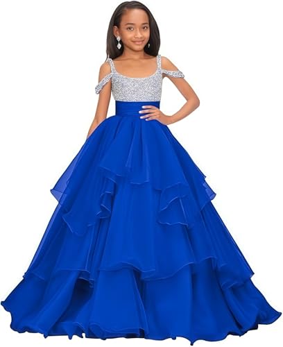 Off Shoulder Girls Pageant Dress Long Pearl Ruffles Princess Prom Party Ball Gowns with Train