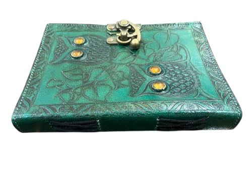 Carnet de notes cuir vert chouette feuilles blanches sans lignes - 4