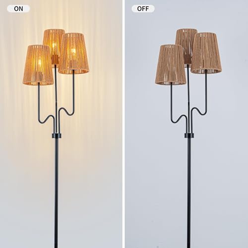 Image of MAYNA 3-Light Black Boho Floor Lamp with Handwoven Rattan Shades | Adjustable Swiveling Arms, Foot Switch Standinmg Floor Lamp for Living Room & Bedroom, 3 LED Bulbs Included