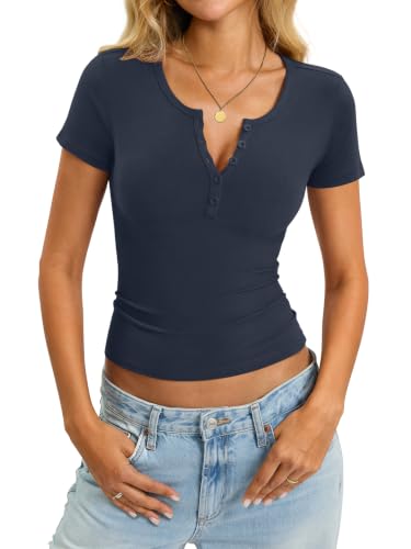 Image of EasyGala Womens Cotton Short Sleeve Shirts V Neck Henley Tops Basic Tees