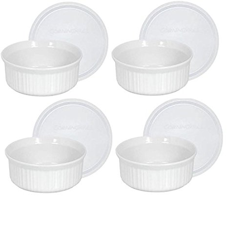 CorningWare French White Pop-Ins 16-Ounce Round Dish with Plastic Cover, Pack of 4 Dishes