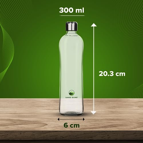 Image of SAND DUNE Set of 6, 300 ml Each MCA Glass water bottle, with Leak-Proof Airtight Stainless-Steel Lid for Water, Smoothie, Juices - Reusable Travel Glass Drinking Fridge Bottles